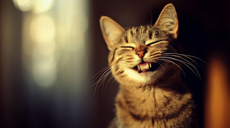 Close-up portrait of a tabby cat with closed eyes, seemingly smiling, showing its teeth. Warm, soft light illuminates the cat against a blurred background.の素材