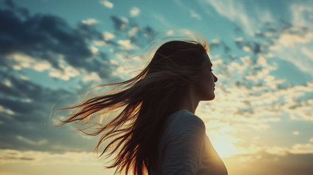Silhouette of a woman in profile, her hair blowing in the wind against a dramatic sky with clouds and the setting sun. A sense of freedom and serenity is conveyed.の素材