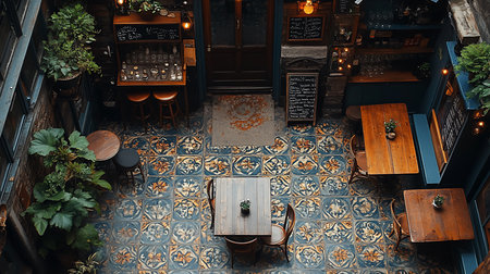 Top-down shot of a cafe interior featuring ornate blue and gold tile flooring, wooden tables, chairs, and lush greenery, creating a warm and inviting atmosphere.の素材