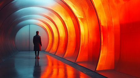 A lone figure stands in a futuristic tunnel, bathed in contrasting cool blue and fiery orange light, creating a striking visual contrast and a sense of isolation.の素材
