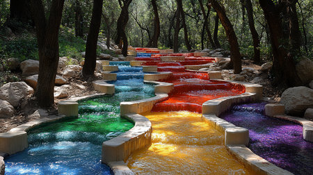 A mesmerizing view of colorful waterfalls cascading down a stepped stone structure in a forest, creating a rainbow effect with vibrant hues of red, yellow, green, blue, and purple.の素材