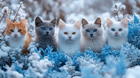 Five kittens with striking eyes peek from snow-covered blue foliage, creating a whimsical winter scene with a cool, ethereal mood.の素材