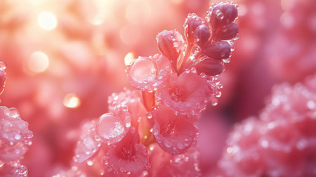 A macro shot of delicate pink flowers adorned with glistening water droplets, bathed in soft, diffused light, creating a dreamy and ethereal atmosphere.の素材
