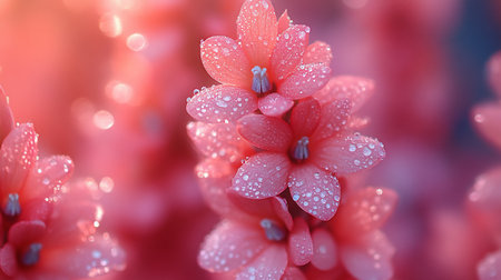 A macro shot captures the delicate beauty of pink flowers adorned with sparkling water droplets, set against a soft, blurred bokeh background, creating a dreamy, ethereal feel.の素材