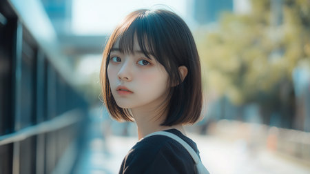 A young woman with a stylish bob haircut gazes over her shoulder, her soft expression enhanced by the blurred urban background and diffused natural light, creating a serene and intimate portrait.の素材