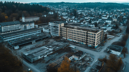 Aerial shot of an abandoned industrial complex with decaying buildings, surrounded by a town and forest, under a muted sky. The scene evokes a sense of urban decay and forgotten industry.の素材
