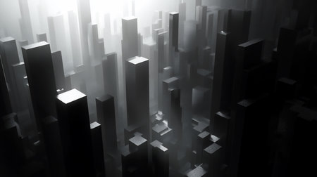 Abstract cityscape featuring geometric shapes in black and white, shrouded in fog. The scene evokes a sense of mystery and isolation, with light filtering through the structures.の素材