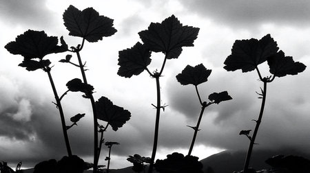 Black and white image of silhouetted leaves against a dramatic, cloudy sky. The plants stand tall, their leaves sharply defined against the contrasting background.の素材