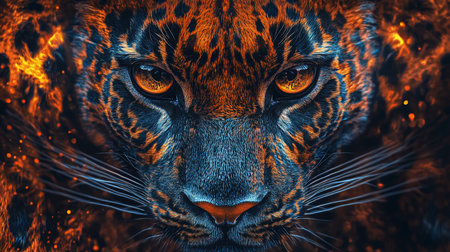 A captivating close-up of a jaguar's face, focusing on its piercing amber eyes and the intricate details of its orange and black fur. The image is set against a dark, bokeh-lit background.の素材