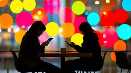 Two silhouetted figures sit at a table, absorbed in their phones, against a backdrop of vibrant, colorful bokeh lights. A modern scene of connection and disconnection.の素材