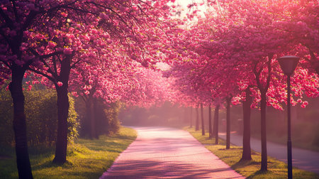 A tranquil path lined with vibrant pink cherry blossom trees, bathed in soft, warm light, creating a serene and enchanting spring scene.の素材