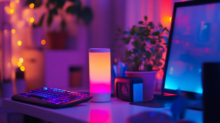 A modern workspace featuring a keyboard, lamp, and computer bathed in neon pink and blue light, creating a vibrant and futuristic atmosphere.の素材