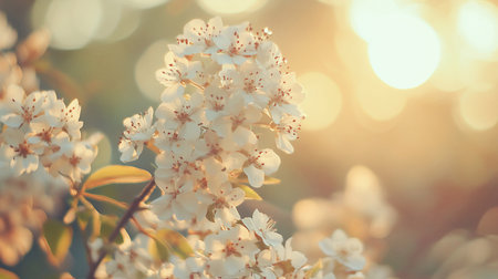 Close-up of delicate white blossoms with red stamen, bathed in warm golden sunlight. Soft focus and bokeh create a dreamy, ethereal atmosphere, capturing the essence of springtime.の素材