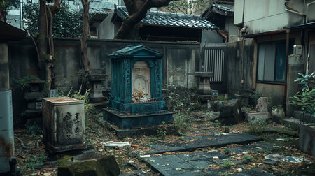 A quiet Japanese cemetery with weathered blue tombs, stone lanterns, and traditional architecture. Fallen leaves cover the ground, creating a peaceful, melancholic atmosphere.の素材