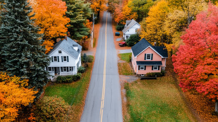 Aerial shot of a quiet street lined with colorful autumn trees and charming houses. The scene captures the essence of fall in a peaceful residential area.の素材