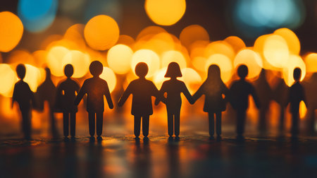 Paper cutout figures stand holding hands, silhouetted against a backdrop of warm, blurred bokeh lights, symbolizing unity, connection, and community.の素材