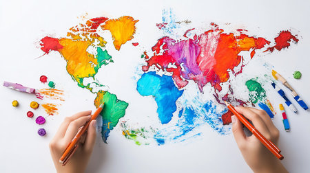 Hands paint a vibrant world map on white paper using colorful crayons. Artistic expression and global creativity are highlighted in this bright, playful image.の素材