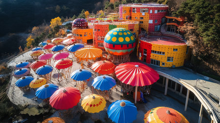 Aerial view of a Chinese village featuring brightly colored buildings and a canopy of vibrant umbrellas, creating a whimsical and playful atmosphere in a unique architectural setting.の素材