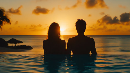A silhouetted couple stands in an infinity pool, gazing at a vibrant sunset over the ocean. Palm trees and a tiki hut add to the tropical paradise ambiance.の素材