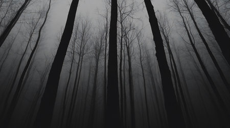 A monochrome landscape featuring tall, bare trees silhouetted against a dense, ethereal fog. The upward perspective enhances the trees' height, creating a moody, atmospheric scene.の素材