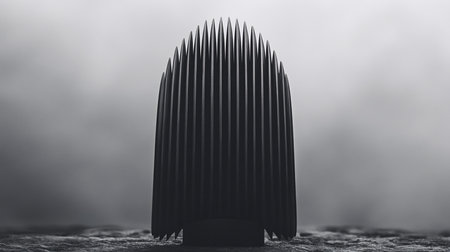 A black and white image of a sculpture with sharp, vertical lines. The sculpture is set against a blurred, soft background, creating a striking contrast.の素材