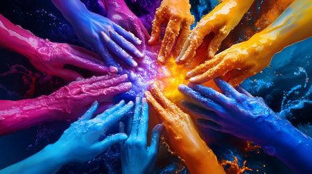 A dynamic image featuring multiple hands painted in vivid pink, blue, and orange hues, converging towards a central point of light, symbolizing unity, collaboration, and shared energy.の素材