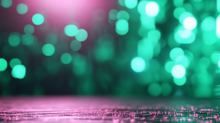 Abstract background featuring blurred green bokeh lights against a pink backdrop, with a textured pink surface in the foreground. The composition creates a dreamy, ethereal atmosphere.の素材