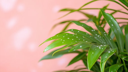 Close-up of an Aspidistra Elatior 'Milky Way' plant, showcasing its vibrant green leaves speckled with white spots, set against a blurred, soft pink backdrop.の素材
