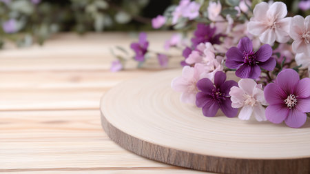 A close-up captures purple and pink flowers arranged on a wood slice, set against a light wooden surface and blurred floral background, creating a soft, natural aesthetic.の素材