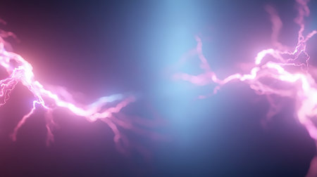 Abstract image of pink and blue lightning streaks against a gradient background. The lightning appears to be emanating from both sides, creating a dynamic and energetic visual.の素材