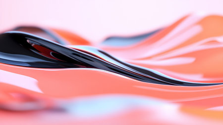 Abstract close-up of glossy coral and black waves. The fluid forms create a modern and elegant design, with soft lighting enhancing the smooth, reflective surfaces.の素材