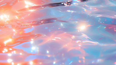 Abstract close-up of water surface with iridescent colors, light reflections, and subtle waves. The image evokes a sense of calm, ethereal beauty, and shimmering texture.の素材