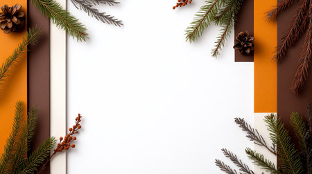 A festive flat lay featuring pine branches, pine cones, and warm color blocks on a white background, creating a holiday-themed composition with a clean, modern aesthetic.の素材