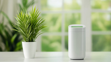 A sleek white air purifier sits next to a vibrant green potted plant on a white table, set against a blurred green window background, creating a clean and fresh indoor scene.の素材