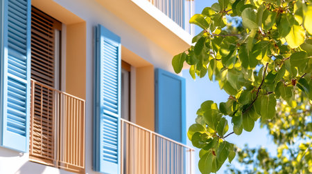 A sunlit balcony with blue shutters and a tan railing is partially obscured by lush green foliage, creating a serene Mediterranean scene against a clear blue sky.の素材