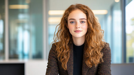 A young woman with red curly hair and freckles poses in a modern office. She wears a brown tweed jacket and looks directly at the camera with a calm expression.の素材