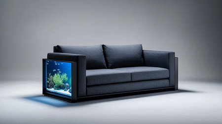 A contemporary gray sofa features an integrated aquarium as an end table, showcasing fish, plants, and rocks. The unique design blends furniture with aquatic life.の素材