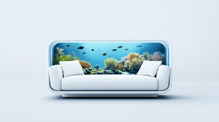 A surreal image of a white sofa with a built-in aquarium filled with tropical fish, coral, and aquatic plants, set against a clean, minimalist white background.の素材