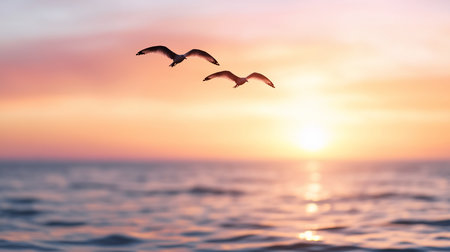 Two seagulls fly in silhouette against a vibrant sunset over the ocean. The sun reflects on the water, creating a serene and peaceful scene.の素材
