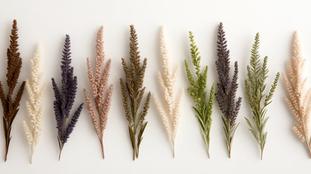 A row of dried flowers in various colors, including brown, purple, pink, cream, green, and gray, are arranged on a white background, creating a visually appealing composition.の素材