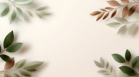 A minimalist botanical frame featuring paper-cut leaves in shades of green, brown, and beige, arranged on a soft cream background. The composition creates a serene and elegant aesthetic.の素材