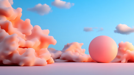 Surreal scene featuring a pink sphere and cloud-like formations on a pink surface, set against a clear blue sky with scattered clouds, creating a dreamy, abstract landscape.の素材