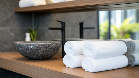 A modern bathroom still life featuring a unique stone sink, neatly rolled white towels, and a sleek black faucet, all set against a contemporary gray tiled wall.の素材