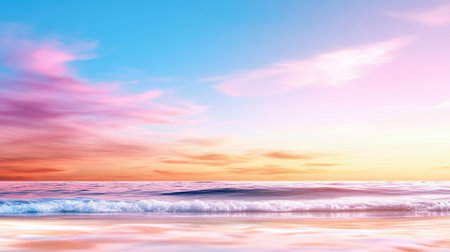 A tranquil ocean scene with gentle waves rolling onto the shore under a vibrant sky painted with pastel hues of pink, orange, and blue during a peaceful sunset.の素材