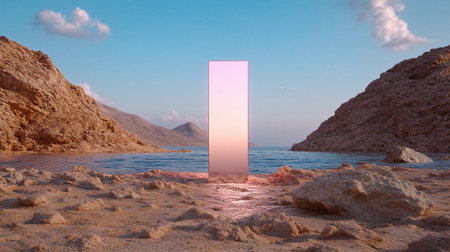A rose gold monolith stands on a rocky beach, reflecting the sunset. Mountains and water surround the scene, creating a surreal and dreamlike landscape.の素材