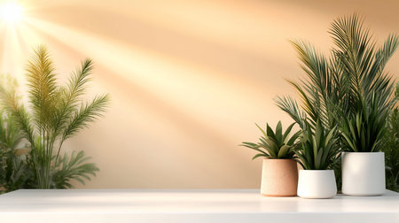 A tranquil scene featuring potted plants on a white surface, bathed in warm, golden sunlight. The soft lighting and minimalist composition evoke a sense of calm and natural beauty.の素材