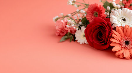 A colorful bouquet of red rose, orange and white gerberas, pink carnation, and baby's breath flowers arranged on a soft salmon-colored background, creating a cheerful and elegant composition.の素材
