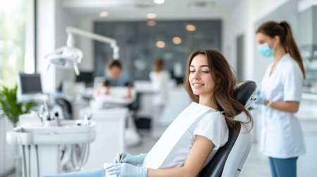 A young woman smiles serenely in a dental chair, eyes closed, while a dentist in a mask stands nearby in a bright, modern clinic setting.の素材