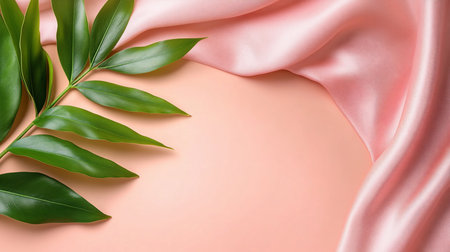 A calming still life featuring vibrant green leaves against a backdrop of draped pink silk fabric, creating a soft, elegant, and visually appealing composition with gentle lighting.の素材