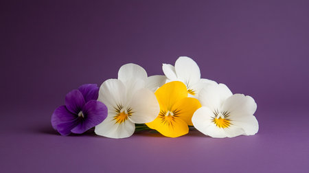 A captivating still life featuring a cluster of pansies in white, yellow, and purple hues against a matching purple background, creating a harmonious and visually appealing composition.の素材
